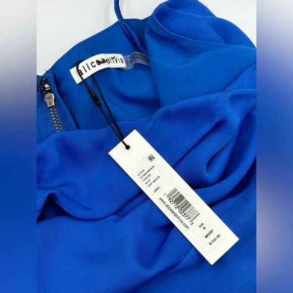 🆕 ALICE + OLIVIA 🧿 NWT Alita Spaghetti Strap Drape Asymmetrical Dress Blue Sz4 - Picture 9 of 16